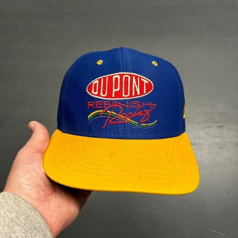 Vintage 90s Jeff Gordon DuPont racing blue and yellow SnapBack hat cap